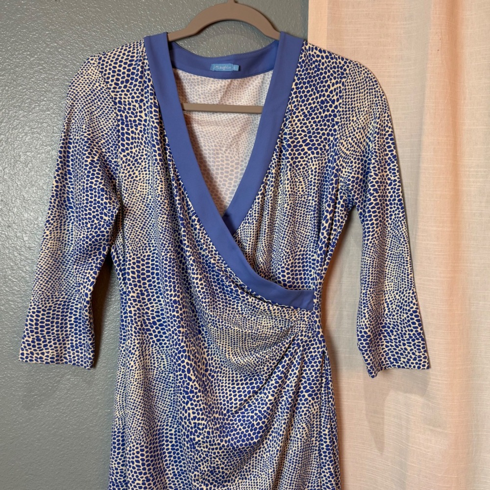 J. McLaughlin Dress Womens S Blue Faux Wrap 3/4 Sleeve Pebble Print V-Neck Knee